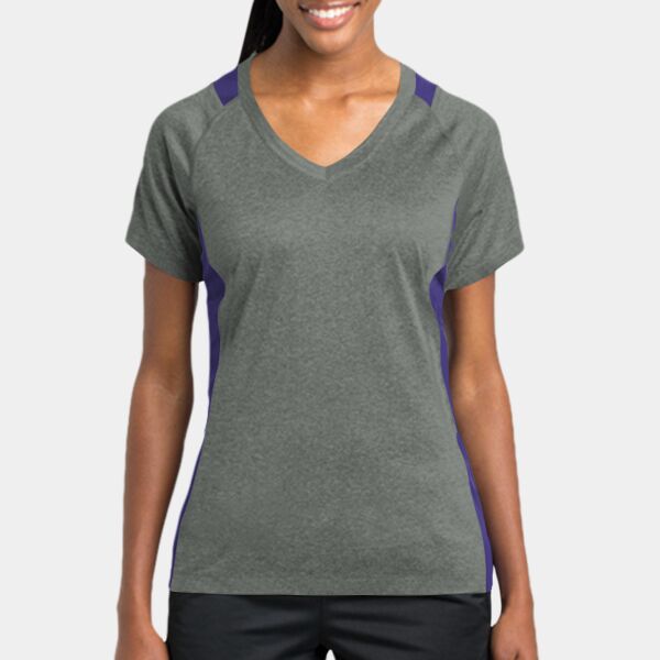 Sport Tek Women's Heather Colorblock Contender V Neck Tee LST361 Women's Heather Colorblock Contender V Neck Tee Thumbnail