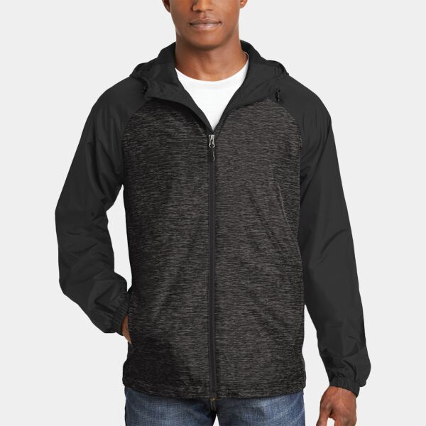 Sport Tek Heather Colorblock Raglan Hooded Wind Jacket JST40 Heather Colorblock Raglan Hooded Wind Jacket Thumbnail